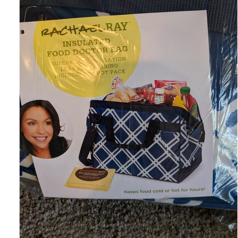 Rachael Ray Insulated Food Doctor Bag Navy Blue Geometric Cooler Tote with Strap